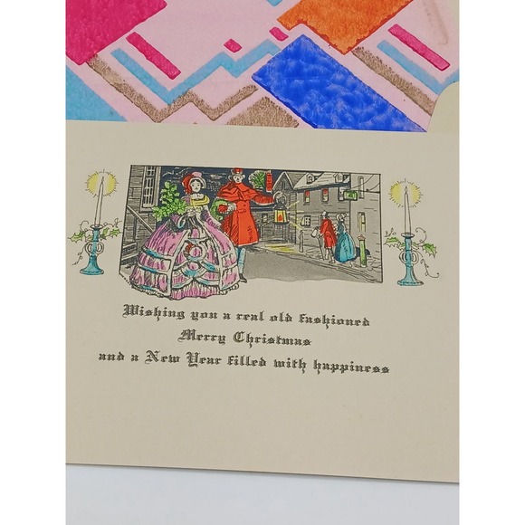 Antique Unused Christmas Greeting Card Victorian Couple Street Hand Colored - Picture 2 of 5